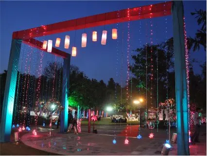 Premium luxury stage and main lighting setup for a grand corporate Diwali party