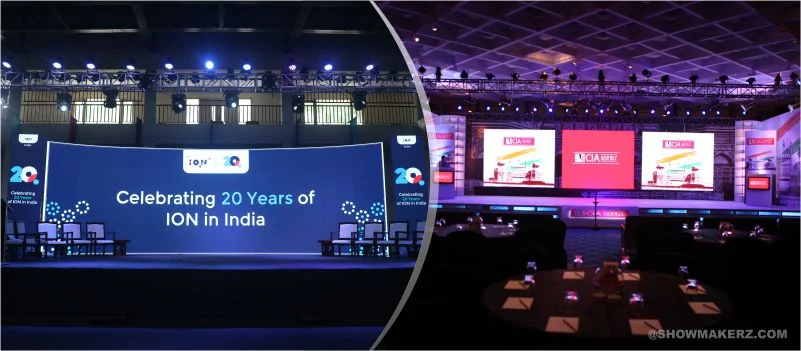 Professional corporate stage trussing fabrication and AV equipment setup by event production companies in Delhi NCR